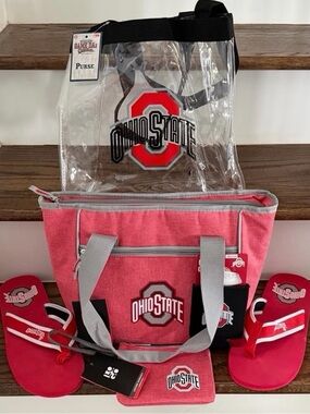 5 ITEM BUNDLE Ohio State Buckeyes Cooler Clear Bag Flip Flops Wristlet ALL NEW!